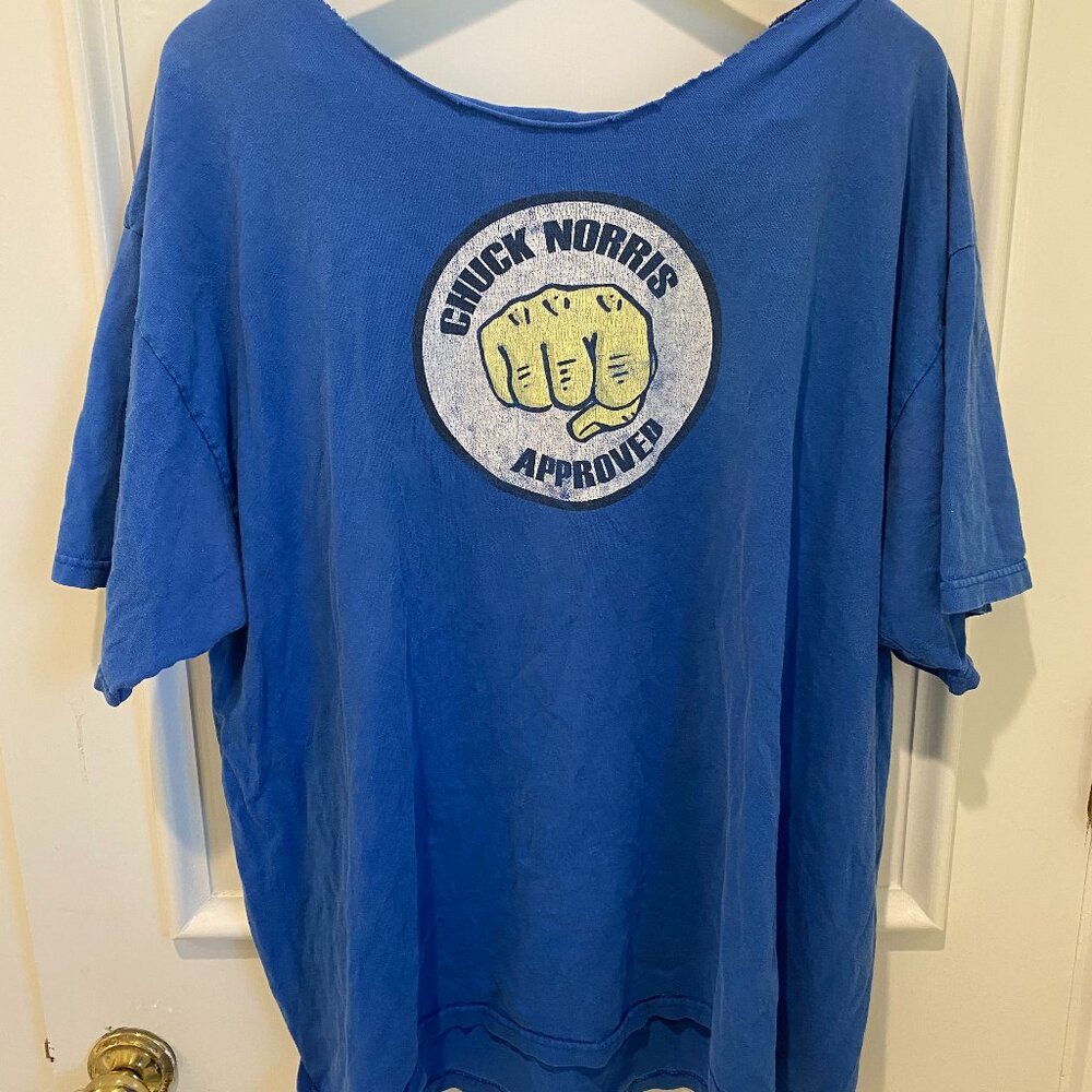 oversized off the shoulder blue chuck norris graphic t-shirt